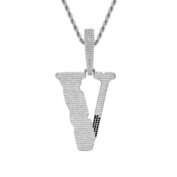 Vlone Iced Out Pendant & Chain Silver
